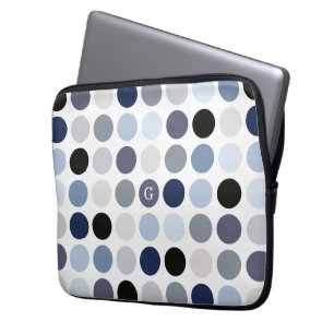 modern blue grey polka dots pattern monogram laptop sleeve