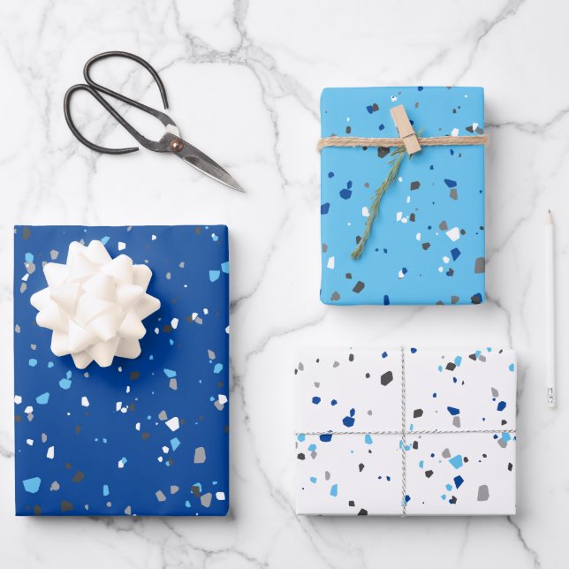 Modern Blue Grey Terrazzo Pattern Wrapping Paper Sheet (Front)