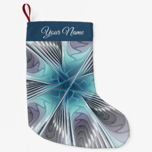 Modern Blue Grey White Fractal Art Flower Own Name Small Christmas Stocking