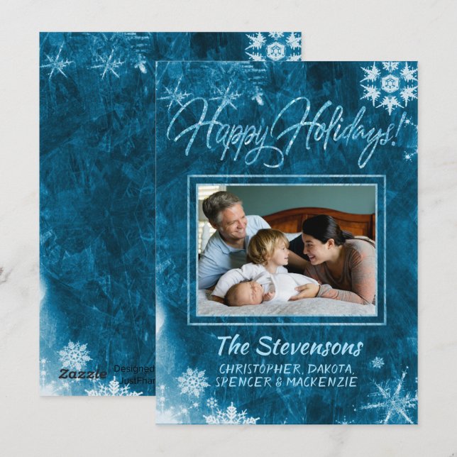 Modern Blue Grunge Snowflake Photo Happy Holiday Card (Front/Back)