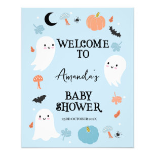 Modern Blue Halloween Baby Shower Welcome Sign 