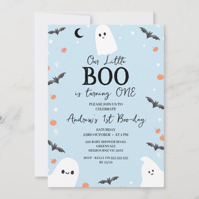 Modern Blue Halloween Little Boo 1st Birthday Invitation (Front)
