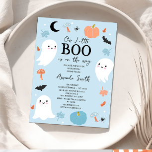Modern Blue Halloween Little Boo Baby Shower Invitation