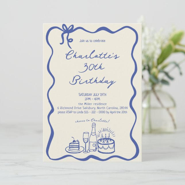 MODERN BLUE Hand Drawn 30th Birthday Invitation (Standing Front)