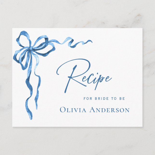 Modern Blue Hand Drawn Bow Bridal Shower Recipe Postcard (Front)