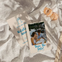 Modern Blue Hand Drawn Bright Retro Photo Wedding