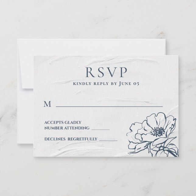Modern Blue Hand-drawn Rose Simple Wedding RSVP Card (Front)