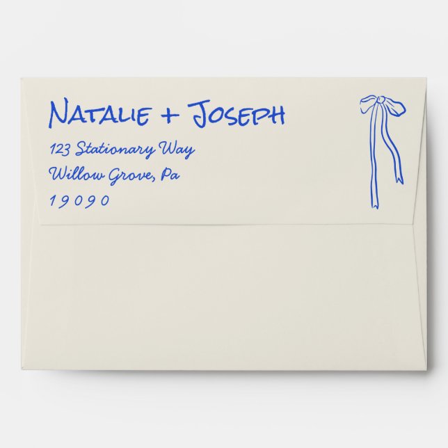 Modern Blue Hand Written Drawn Bow Wedding Envelope (Back (Top Flap))