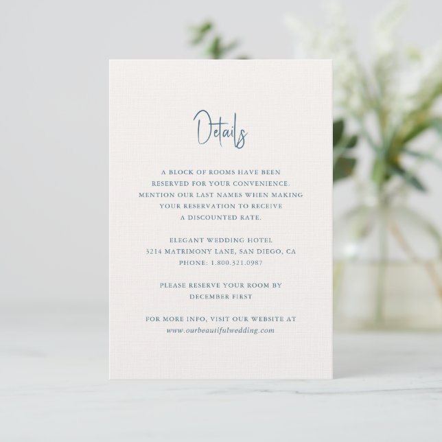 Modern Blue Handwritten Script Elegant Wedding Enclosure Card (Standing Front)