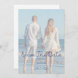 Modern Blue Handwritten Wedding Photo Save The Date