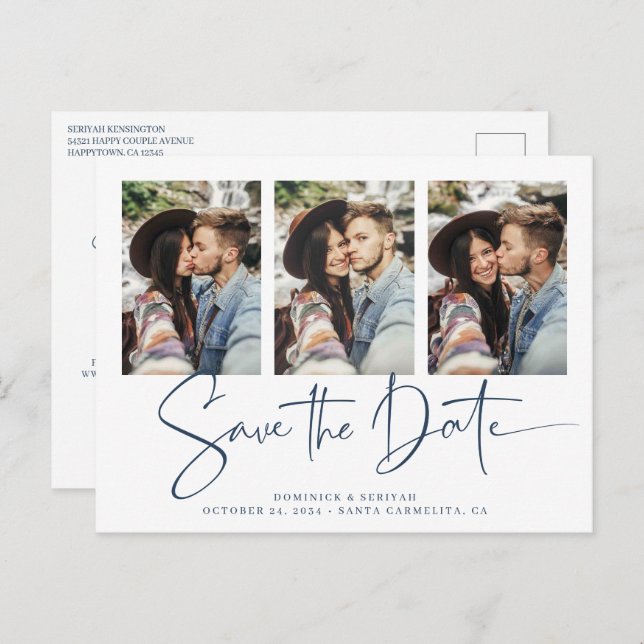 Modern Blue Handwritten Wedding Save the Date Postcard (Front/Back)