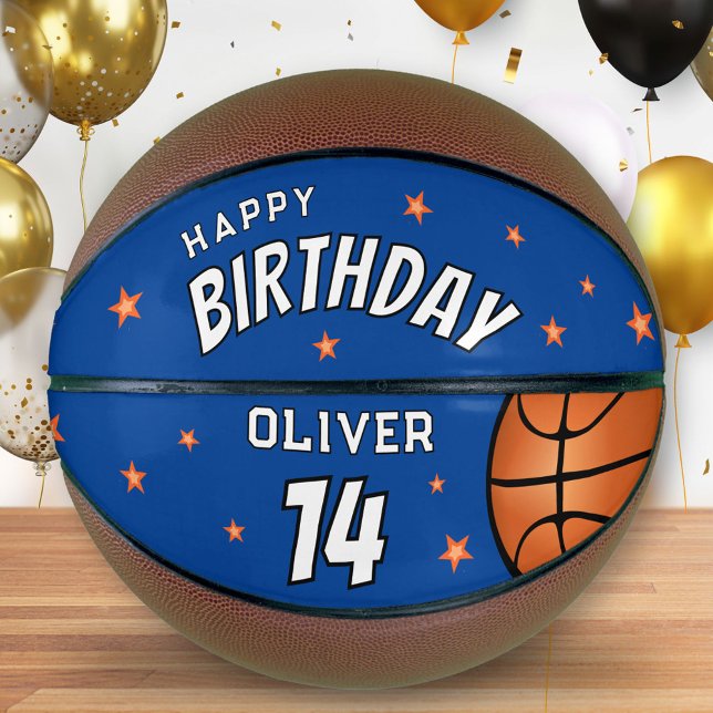 Modern Blue Happy Birthday Stars Keepsake Basketball (Creator Uploaded)