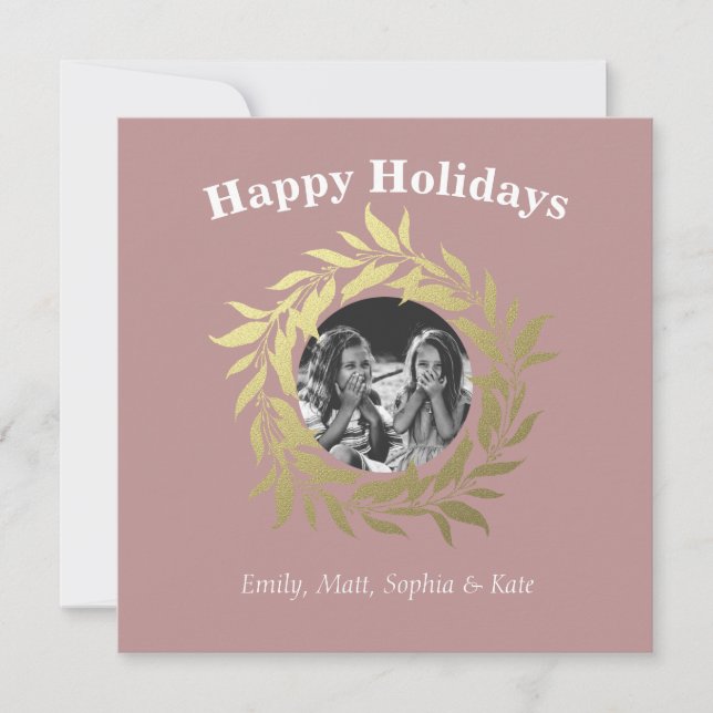 Modern Blue Happy Holidays Gold Foil Wreath Photo Holiday Card (Front)