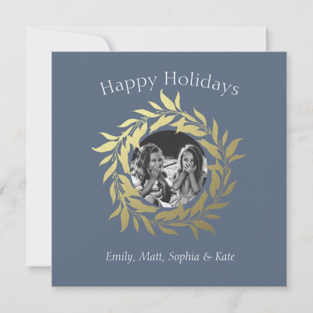 Modern Blue Happy Holidays Gold Foil Wreath Photo Holiday Card (Front)