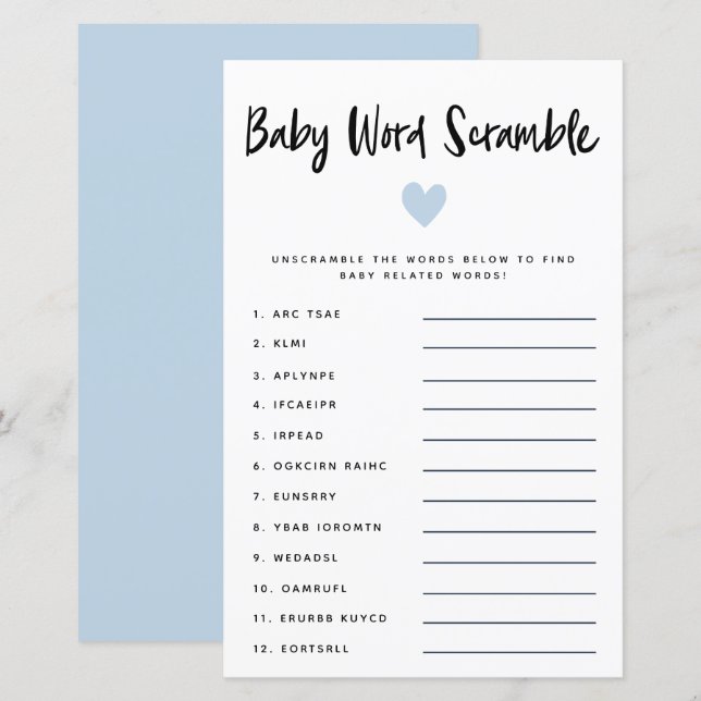 Modern Blue Heart Baby Word Scramble Game  (Front/Back)