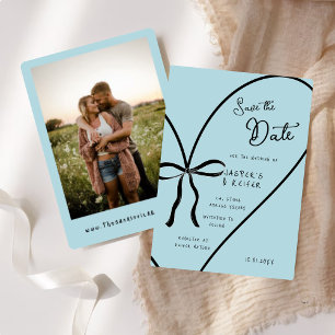 Modern Blue Heart Bow Photo Wedding Save The Date Invitation