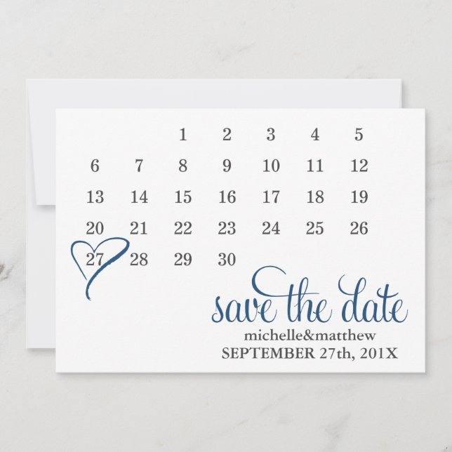 Modern Blue Heart Calendar Wedding Save the Date (Front)
