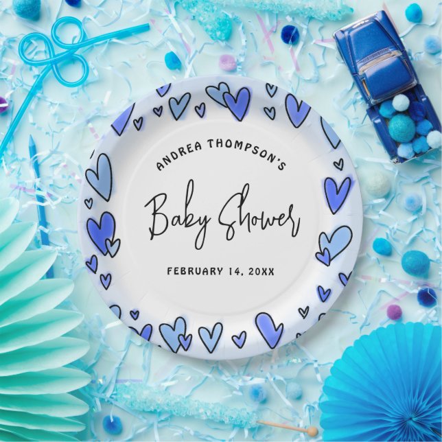 Modern Blue Hearts Valentine Baby Shower Paper Plate (Party)