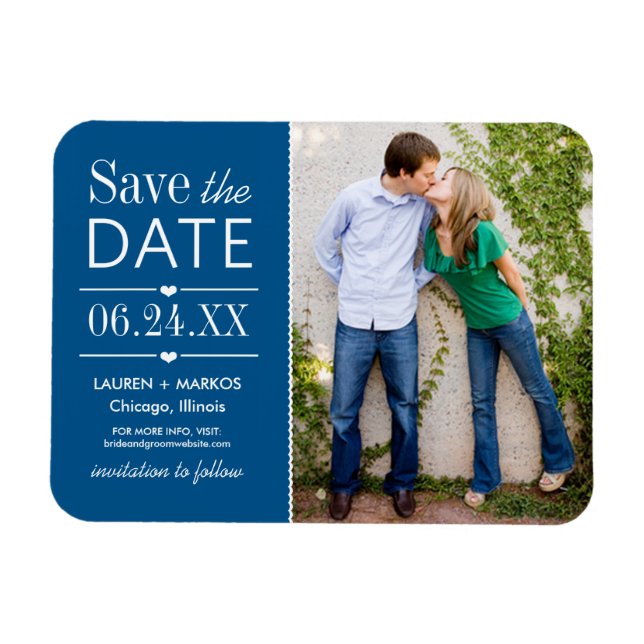 Modern Blue Hearts Wedding Photo Save the Date Magnet (Horizontal)