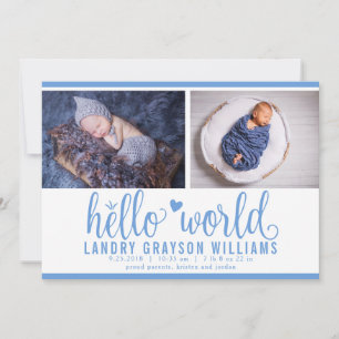 Modern Blue Hello World Photo Birth Stat Announcement