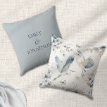 Modern Blue Herons Flying Names Newlyweds Cushion<br><div class="desc">Modern Blue Herons Flying Names Newlyweds. A great gift for the newlyweds,  this graceful flying blue birds and blush and dusty blue foliage design. Personalise with the couples' names on the back.</div>