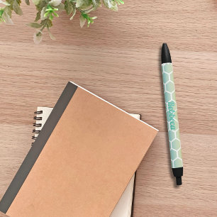 Modern Blue Hexagon Geometric Pattern Monogram Black Ink Pen