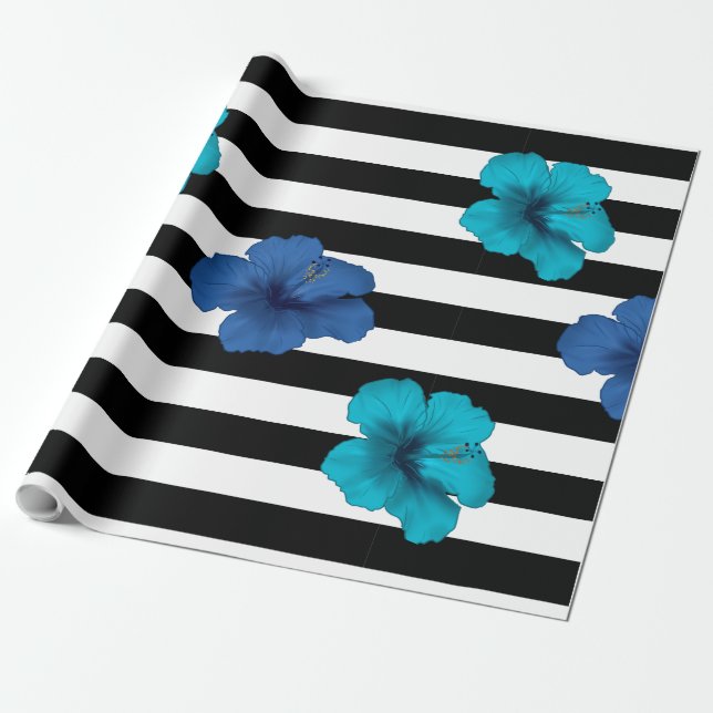 Modern Blue Hibiscus Black White Stripes Wrapping Paper (Unrolled)