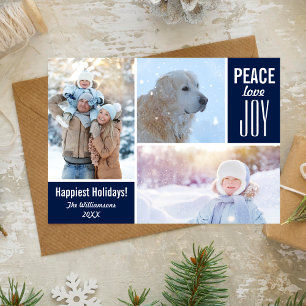 Modern Blue Holidays Peace Love Joy Photo Collage Holiday Card