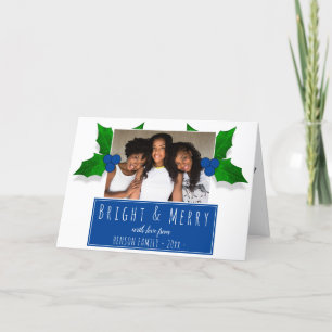 Modern Blue Holly Berry Plant Leaves Photo Holiday Card