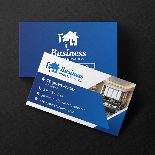 Modern Blue Home Renovation Contractor Remodeling Business Card (Creator Uploaded)