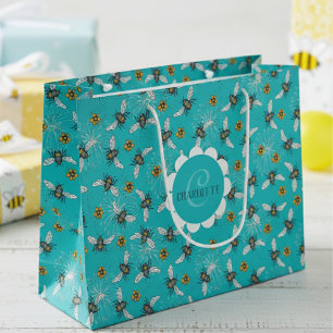 Modern Blue honeybee and Flowers Large Gift Bag