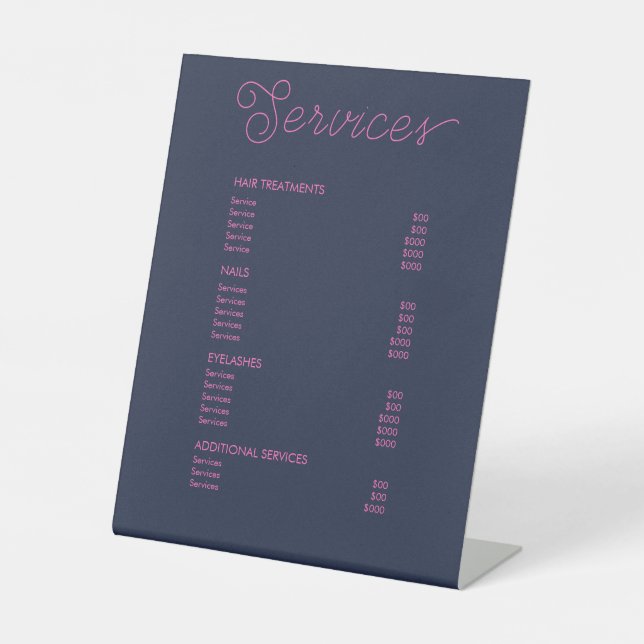 Modern Blue Hot Pink Salon Price List Service Menu Pedestal Sign (Front)