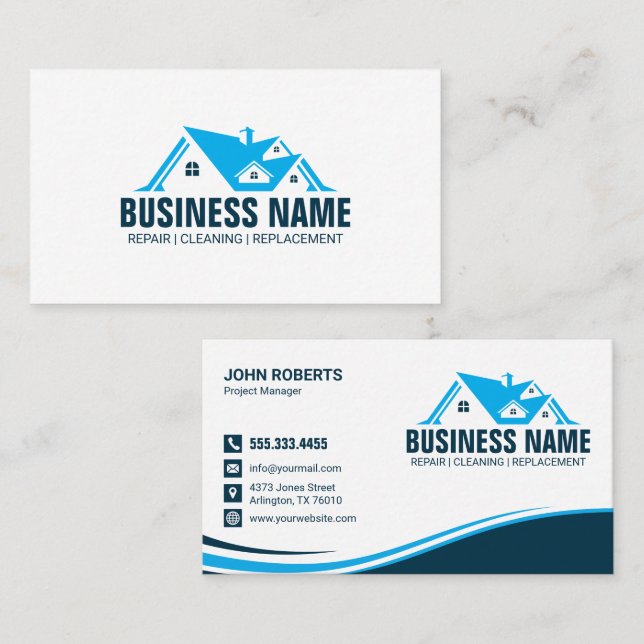 Modern Blue House Roof Construction Business Card (Front/Back)