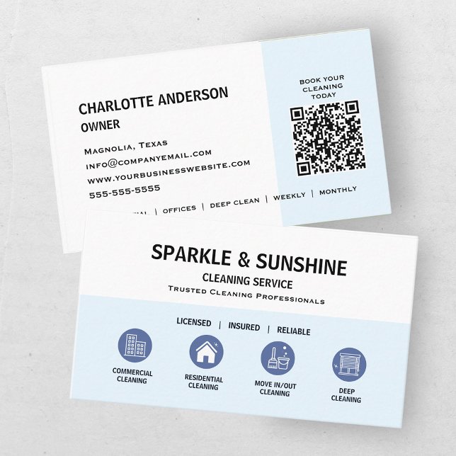 Modern Blue Housekeeping Cleaning Service QR Code Business Card (Creator Uploaded)