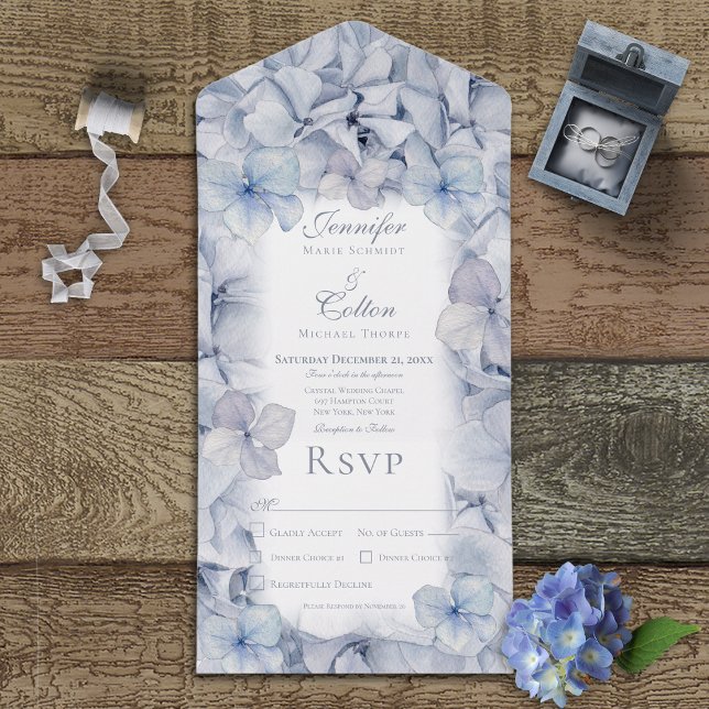 Modern Blue Hydrangea Blooms Blurred Dinner All In One Invitation (Creator Uploaded)