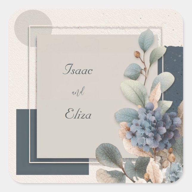 Modern Blue Hydrangea Botanical Geometric Wedding Square Sticker (Front)
