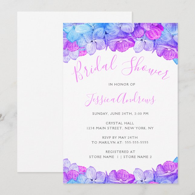 Modern Blue Hydrangea Floral Bridal Shower Invitation (Front/Back)