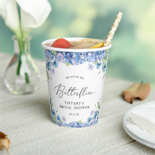 Modern Blue Hydrangea Floral Bridal Shower Paper Cups