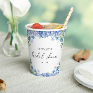 Modern Blue Hydrangea Floral Bridal Shower Paper Cups