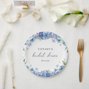 Modern Blue Hydrangea Floral Bridal Shower Paper Plate