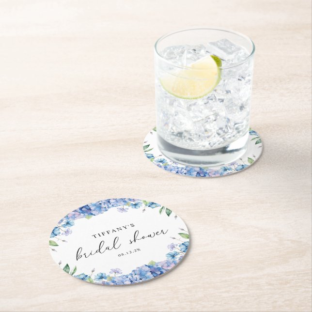 Modern Blue Hydrangea Floral Bridal Shower Round Paper Coaster (Insitu)