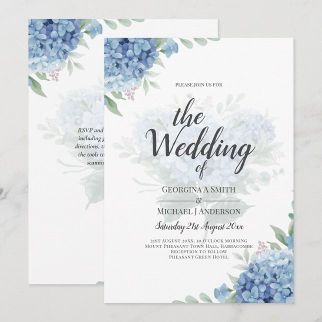 Modern Blue Hydrangea Floral Wedding Invitation (Front/Back)