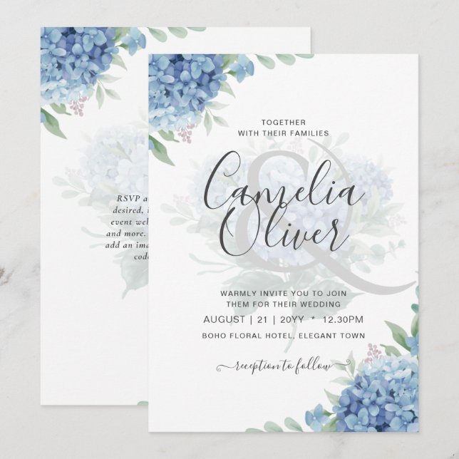 Modern Blue Hydrangea Floral Wedding Invitation (Front/Back)