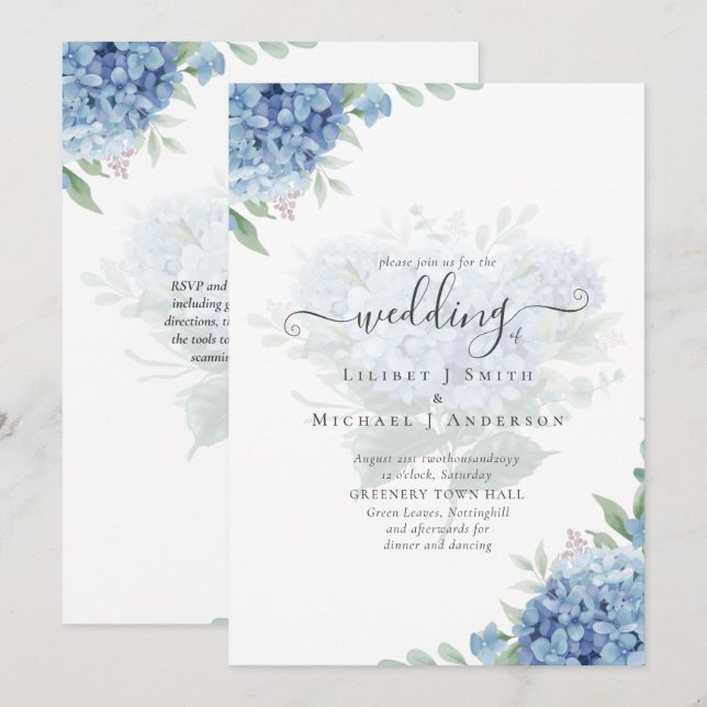 Modern Blue Hydrangea Floral Wedding Invitation (Front/Back)