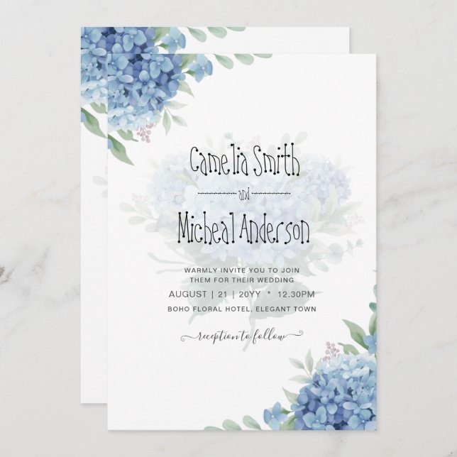 Modern Blue Hydrangea Floral Wedding Invitation (Front/Back)