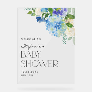 Modern Blue Hydrangea Flowers Baby Shower Welcome Acrylic Sign