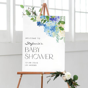 Modern Blue Hydrangea Flowers Baby Shower Welcome Poster