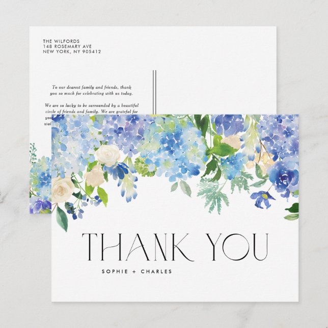 Modern Blue Hydrangea Flowers Wedding Thank You Postcard (Front/Back)