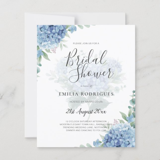 Modern Blue Hydrangea PHOTO Bridal Shower Invites (Front)