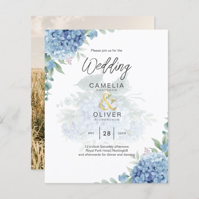 Modern Blue Hydrangea PHOTO Wedding Invitation (Front/Back)